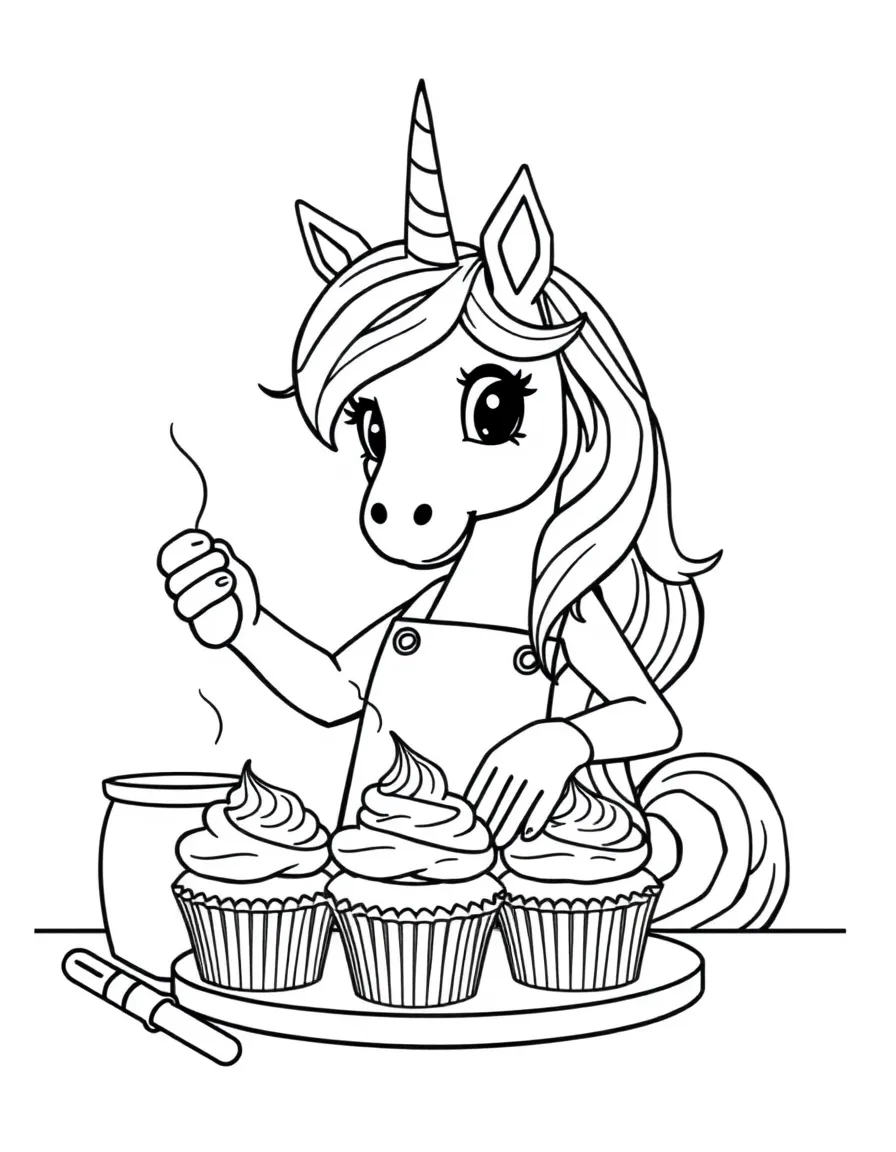 Unicorn baker making rainbow cupcakes