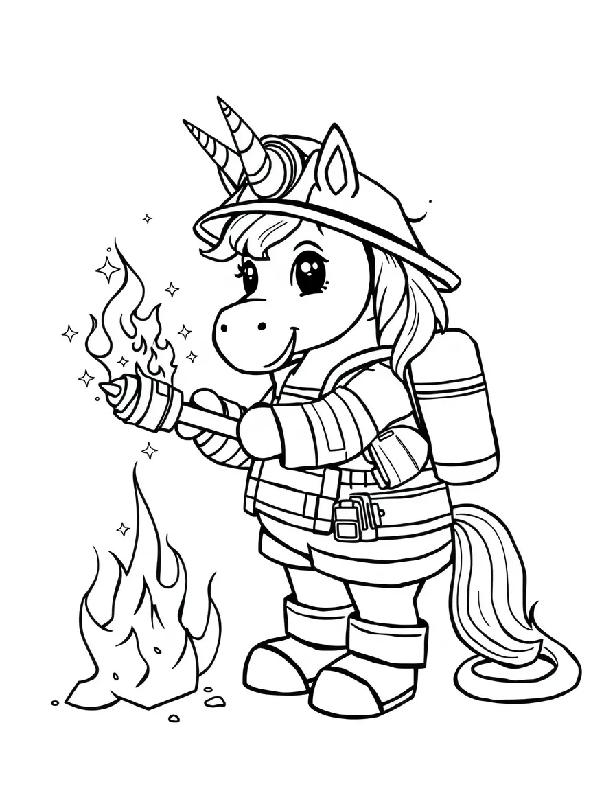 Unicorn firefighter putting out sparkly fires