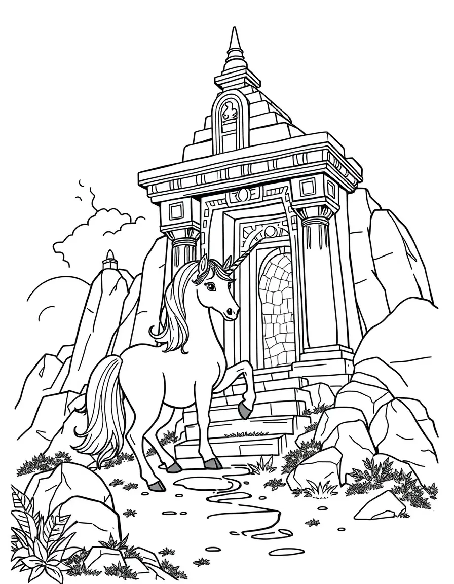 Unicorn exploring an ancient temple
