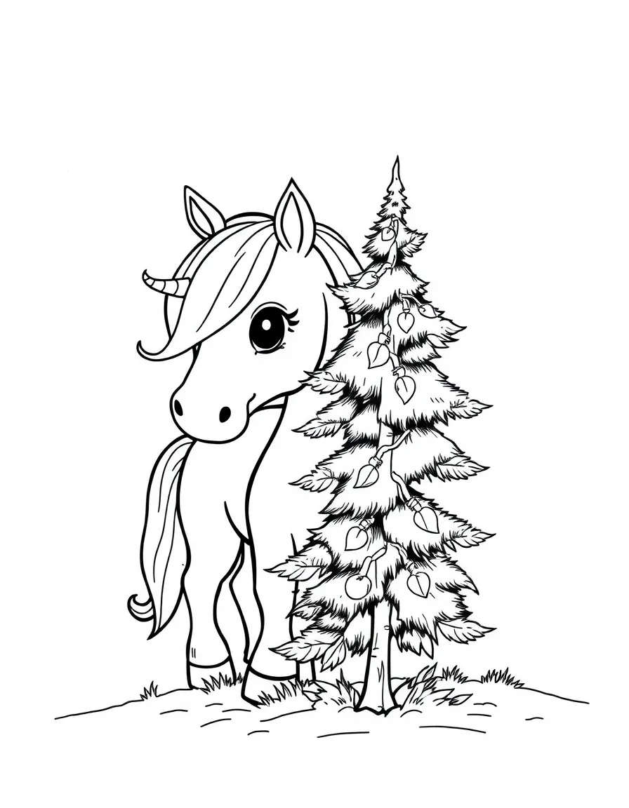 Unicorn trying to hide behind a small tree
