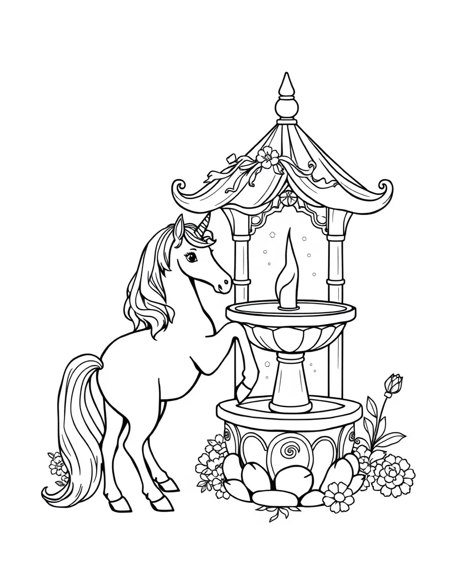 Unicorn by a magical wishing fountain