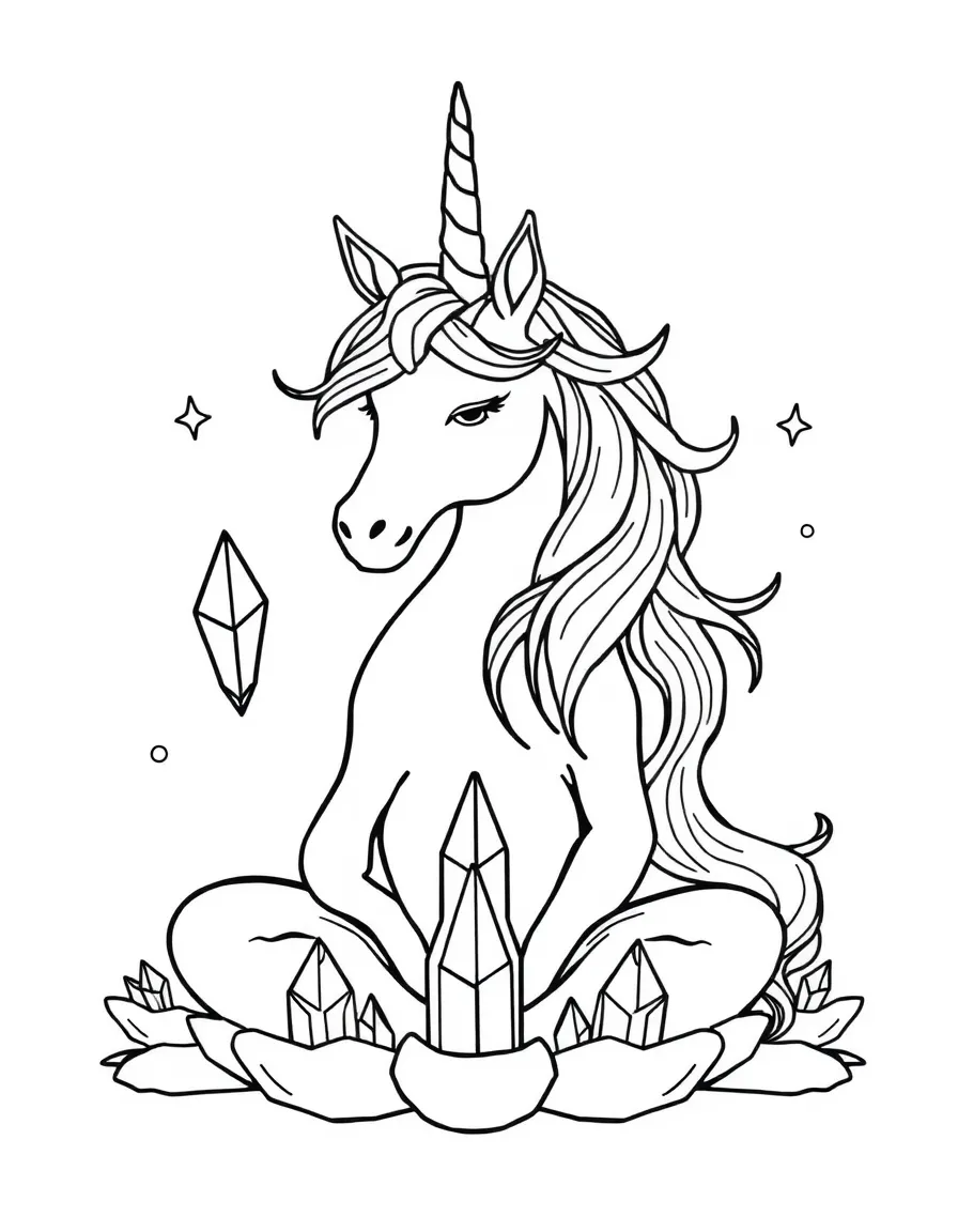 Unicorn in meditation with floating crystals