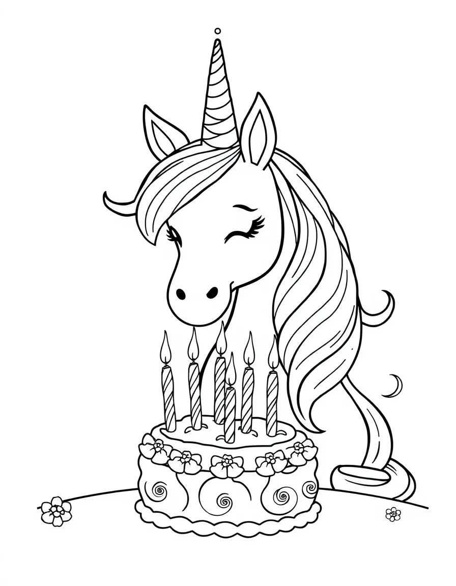 Birthday unicorn blowing out candles