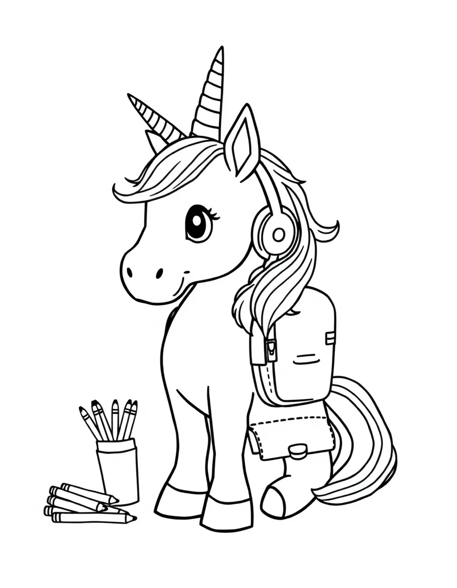 Back-to-school unicorn with supplies