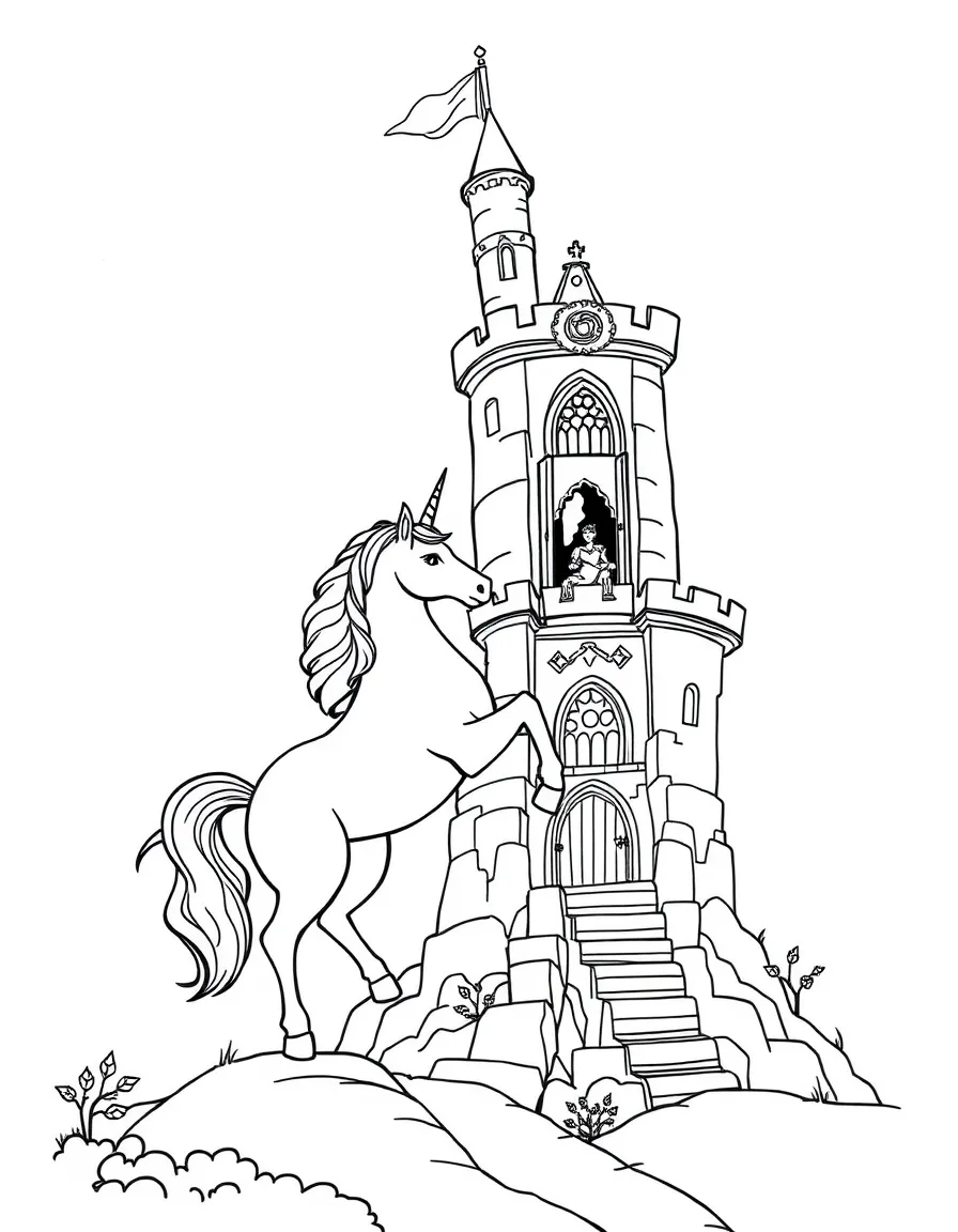 Unicorn saving a princess from a tower