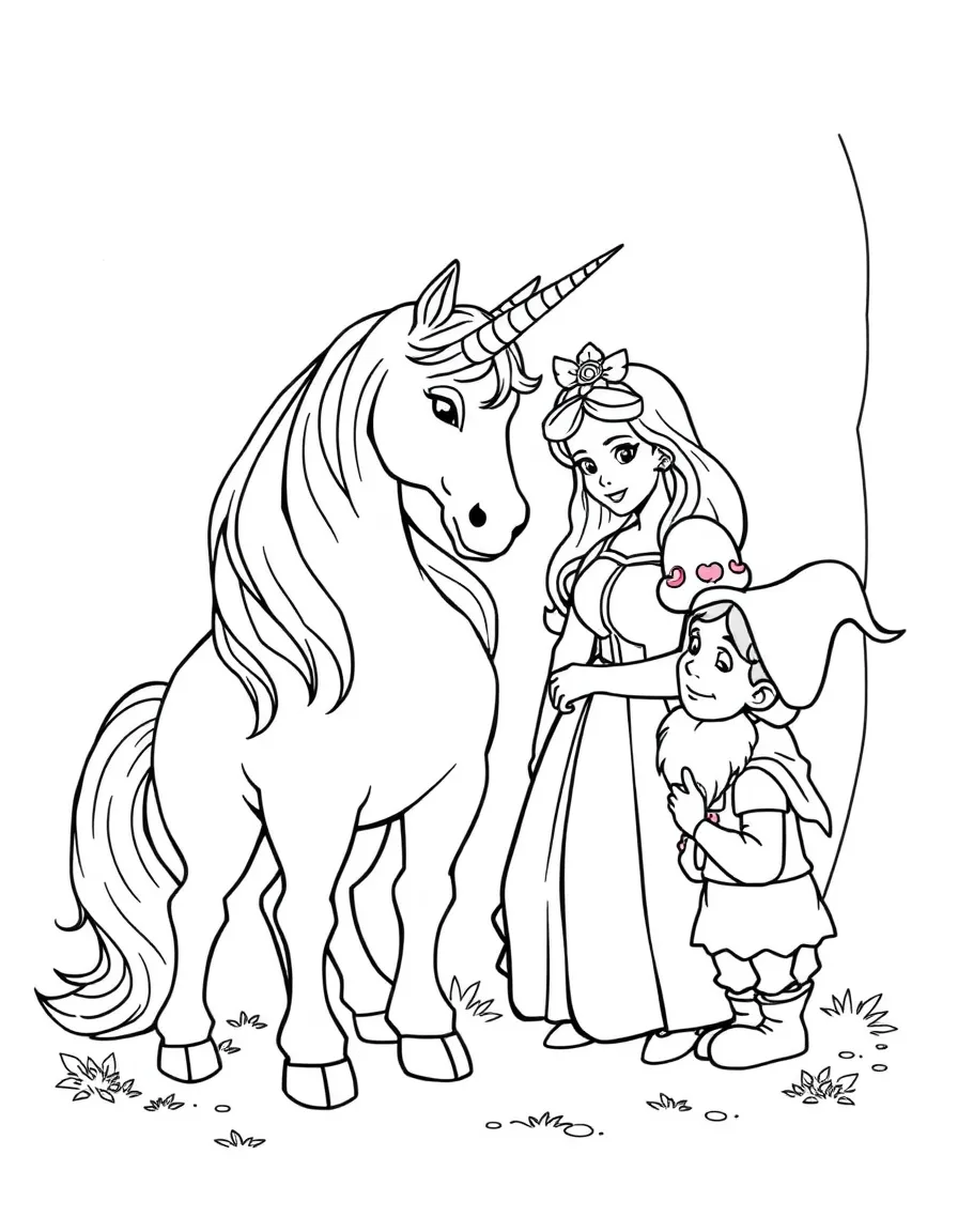 Unicorn meeting Snow White and the dwarfs