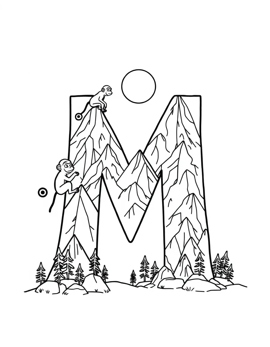 Letter M with monkeys, moons, and mountains creating its peaks and valleys
