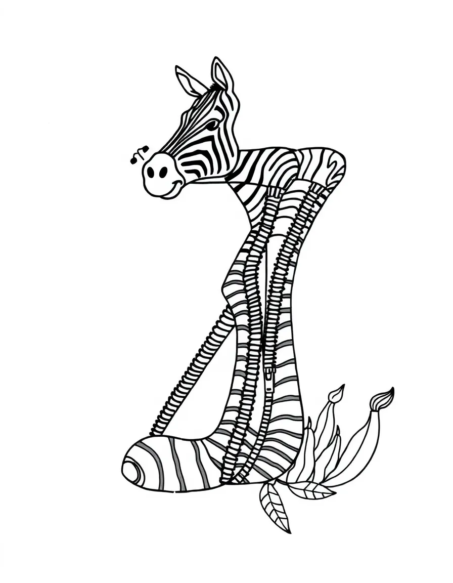Letter Z formed by zebras, zippers, and zucchini in a zigzag pattern