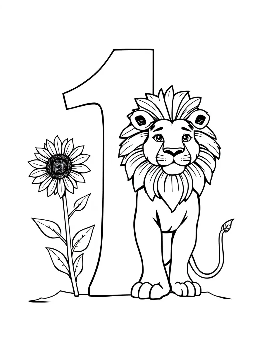 Number 1 standing tall with a single sunflower and a proud lion representing "first"