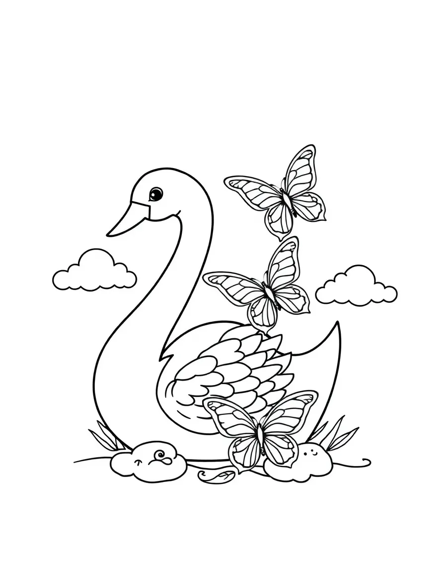Number 2 shaped like a swan with two butterflies and two clouds nearby