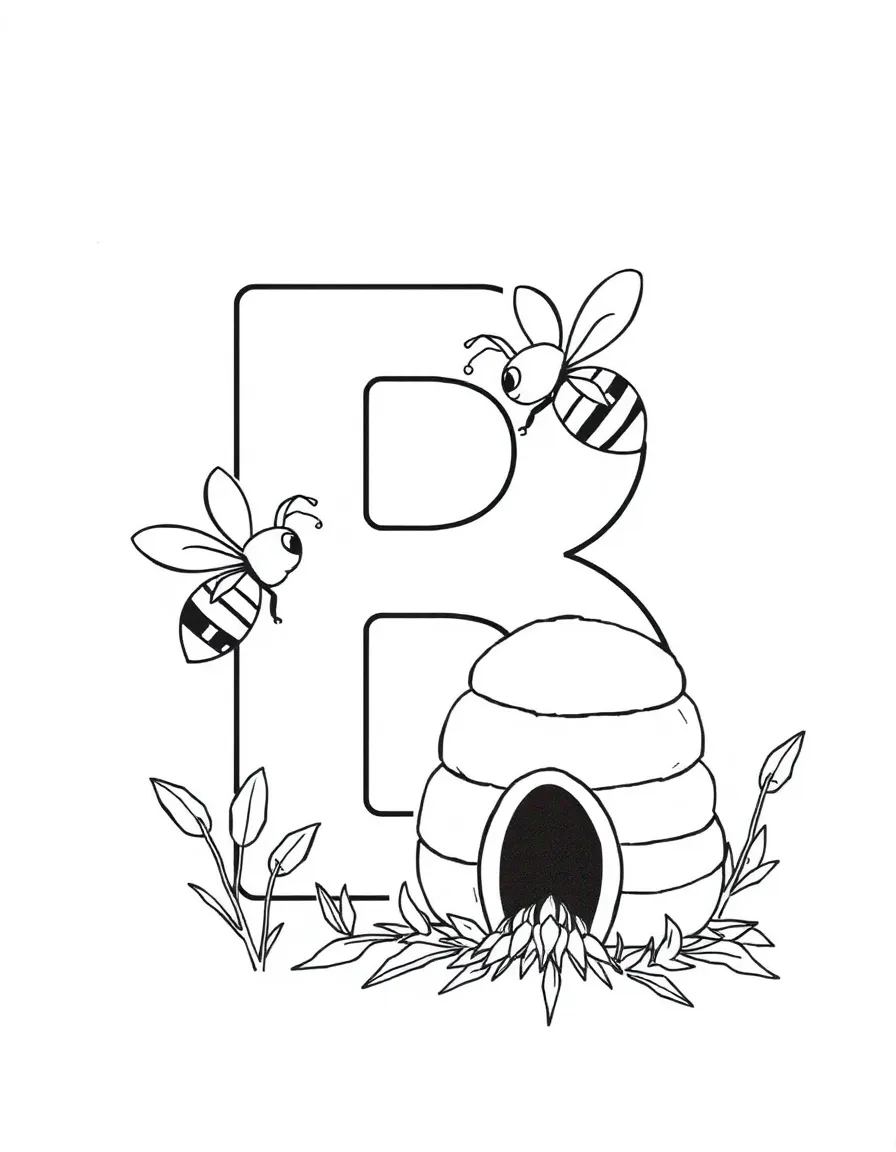 Letter B with the number 2, showing two bees buzzing around a beehive