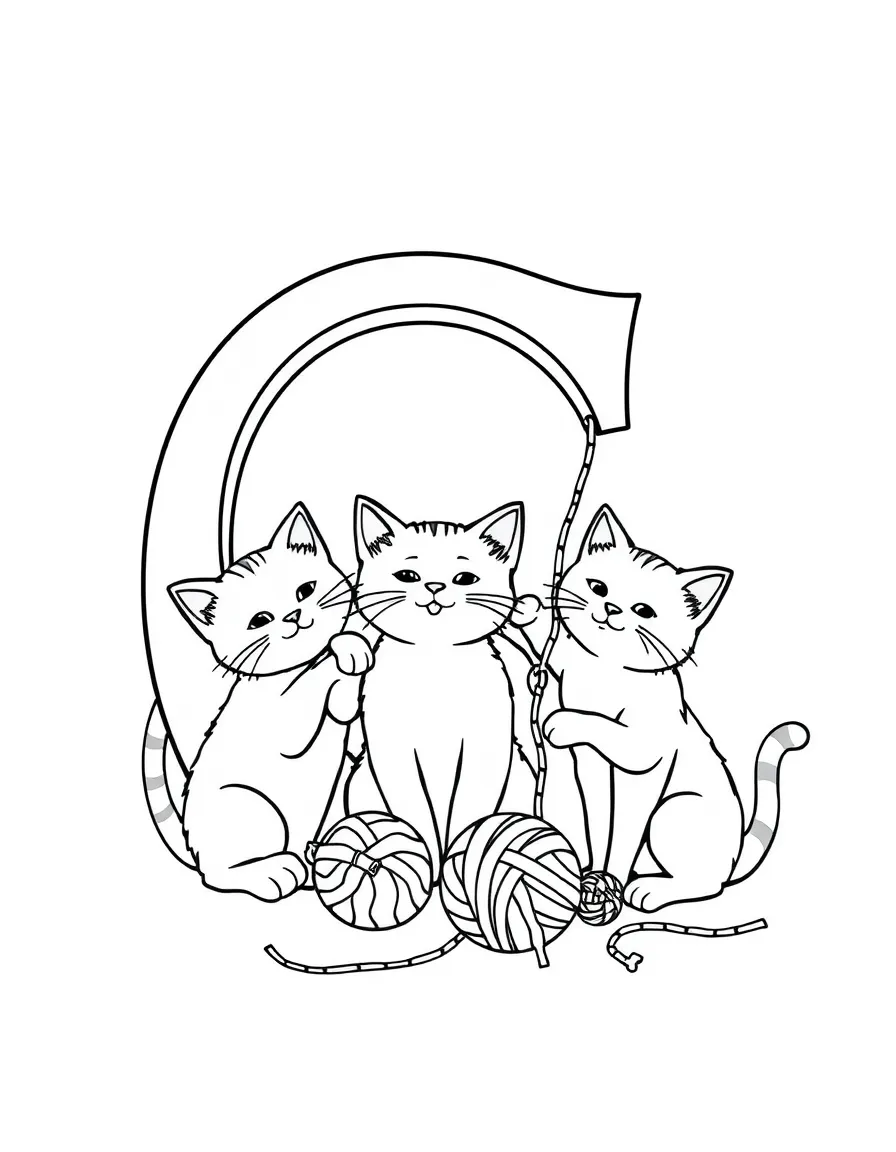 Letter C with the number 3, displaying three cats playing with yarn balls