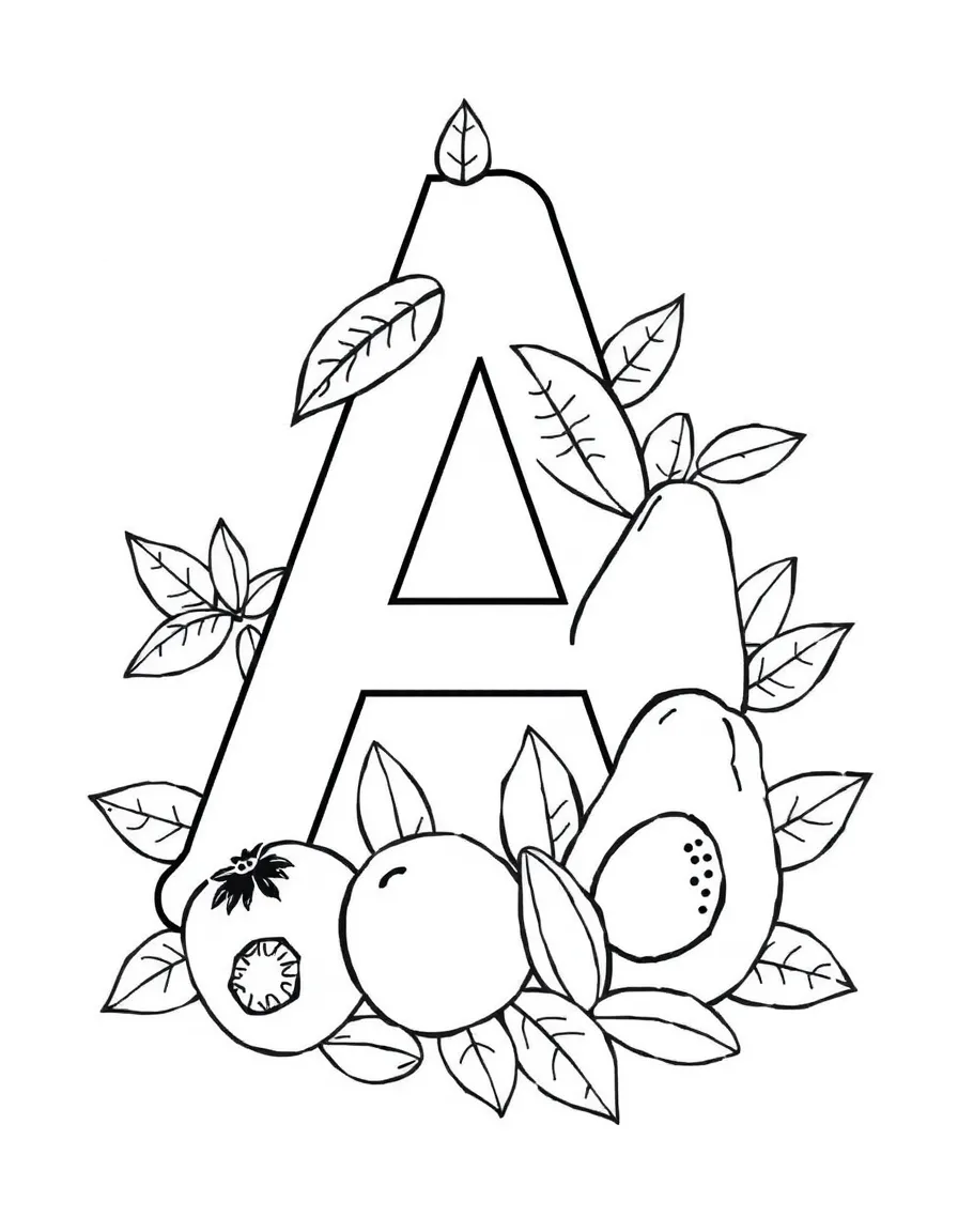 Letter A surrounded by apricots, avocados, and almonds in a fruit bowl design