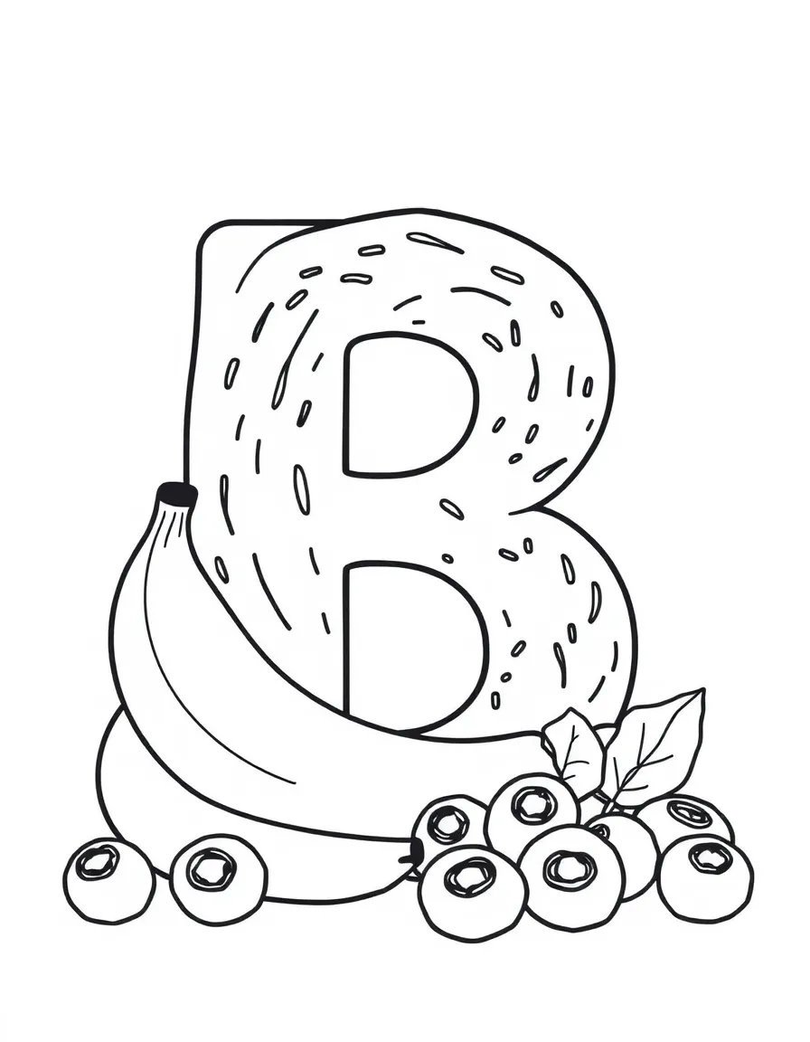 Letter B with bagels, bananas, and blueberries arranged in a breakfast scene