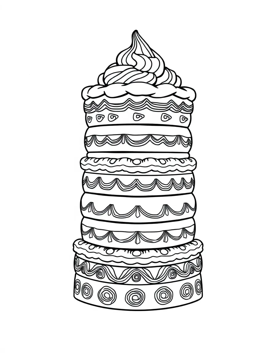 Number 7 featuring seven layer cake with detailed frosting patterns