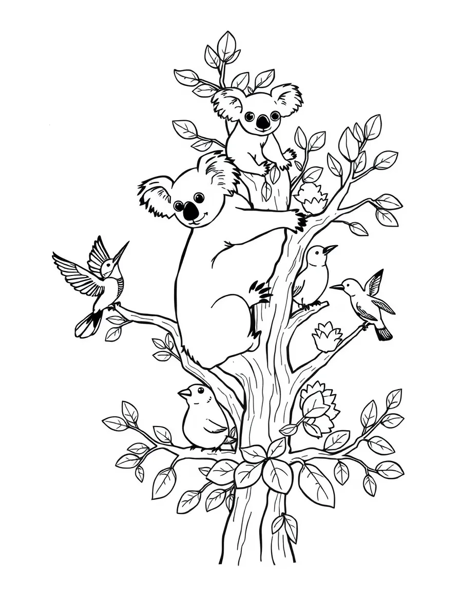 Letter K with koalas, kingfishers, and kittens in a tree