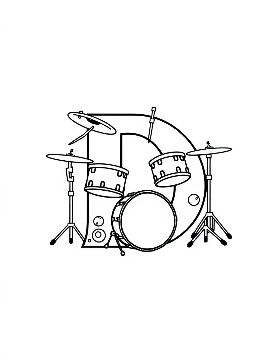 Letter D designed with drums, drumsticks, and dynamic notation