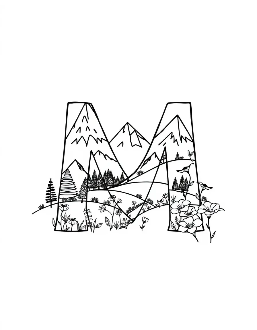 Letter M made of mountains, meadows, and morning glories