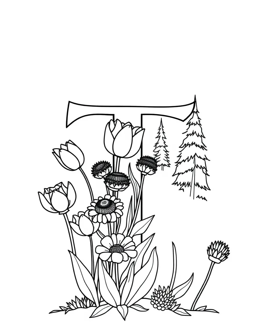 Letter T designed with tulips, thistles, and towering trees