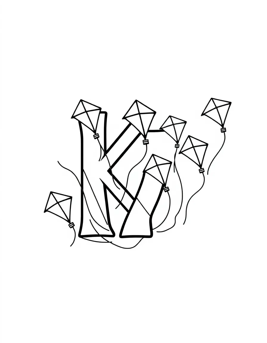 Letter K and number 7 shaped like seven kites flying at different heights