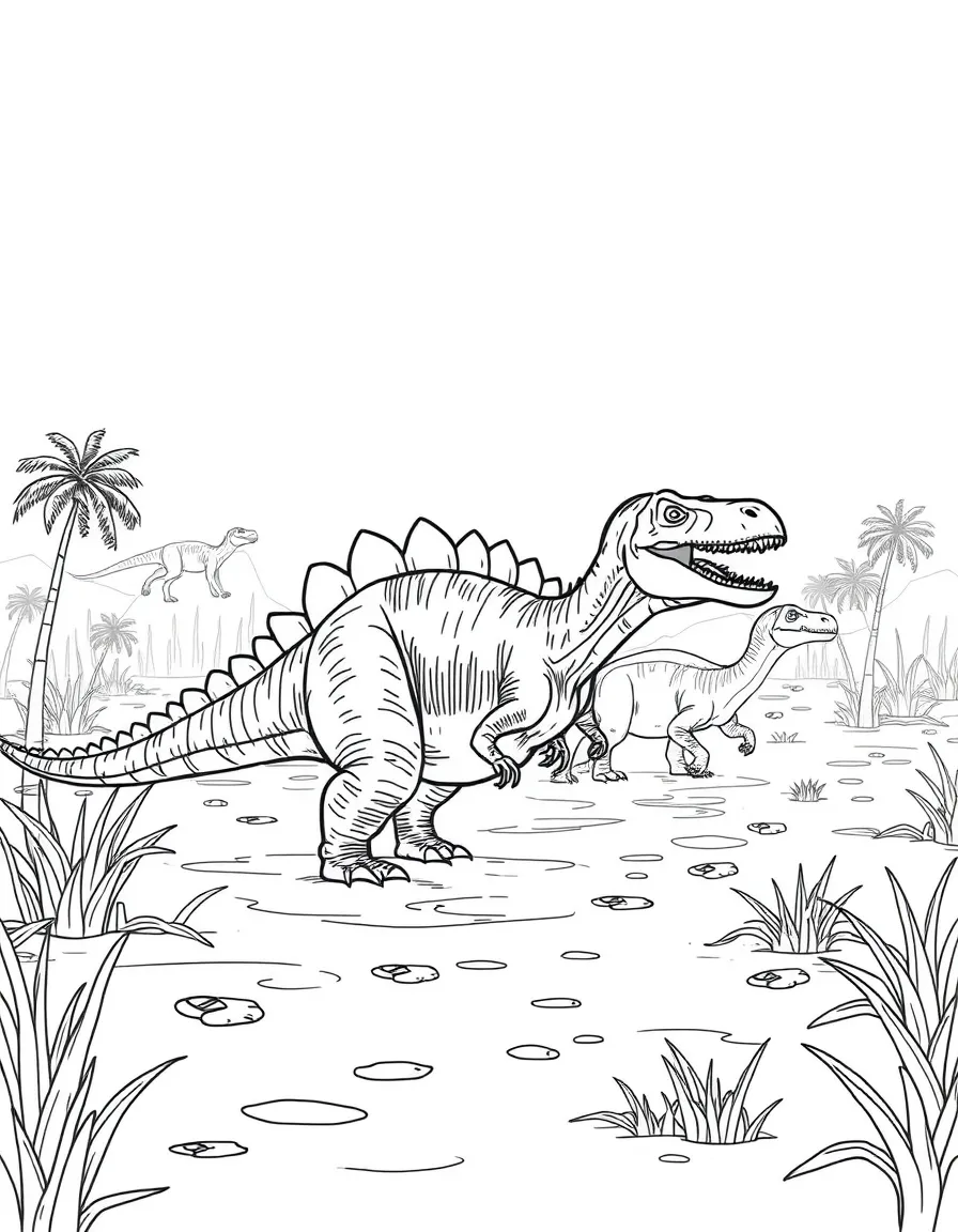 Dinosaurs navigating through a misty swamp