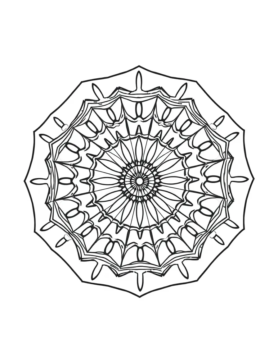 Hexagonal mandala with alternating straight and curved lines