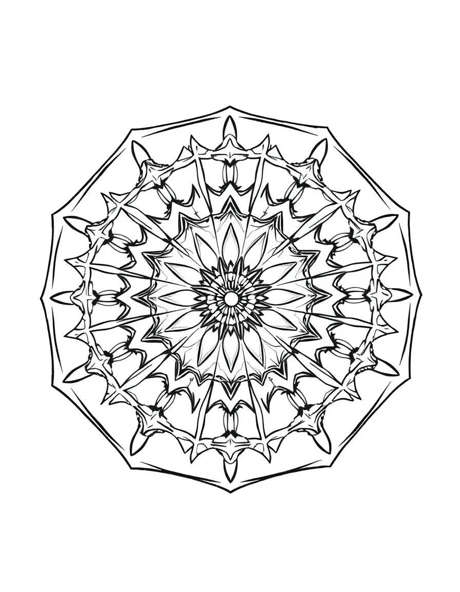 Octagonal mandala with symmetrical star patterns radiating from the center