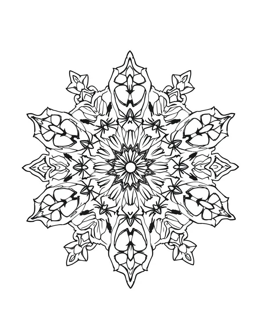 Snowflake mandala with six-fold symmetry and intricate geometric details