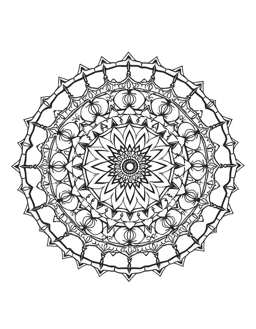 Tree ring mandala with concentric circular patterns and geometric elements