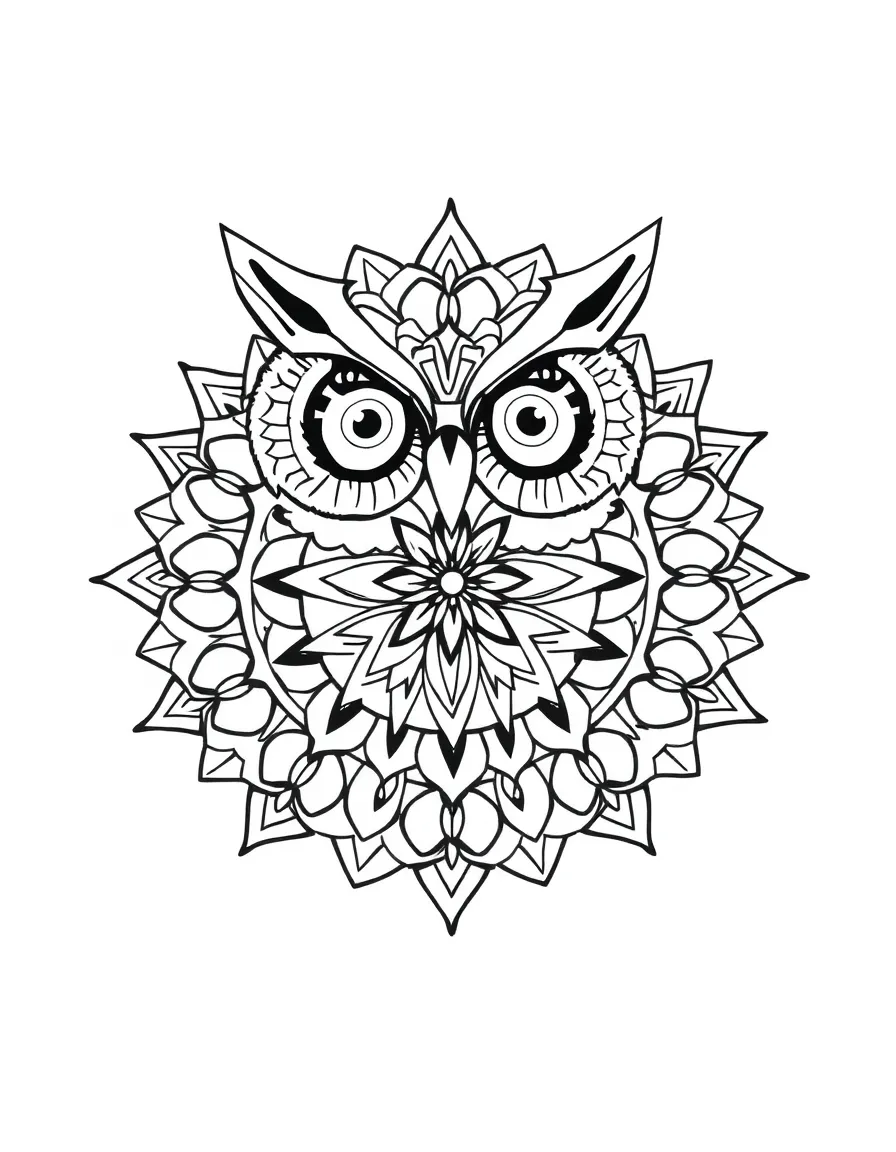 Owl mandala with symmetrical geometric features and wise eyes