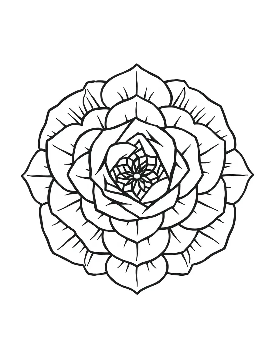 Rose mandala with geometric spiral petal arrangement