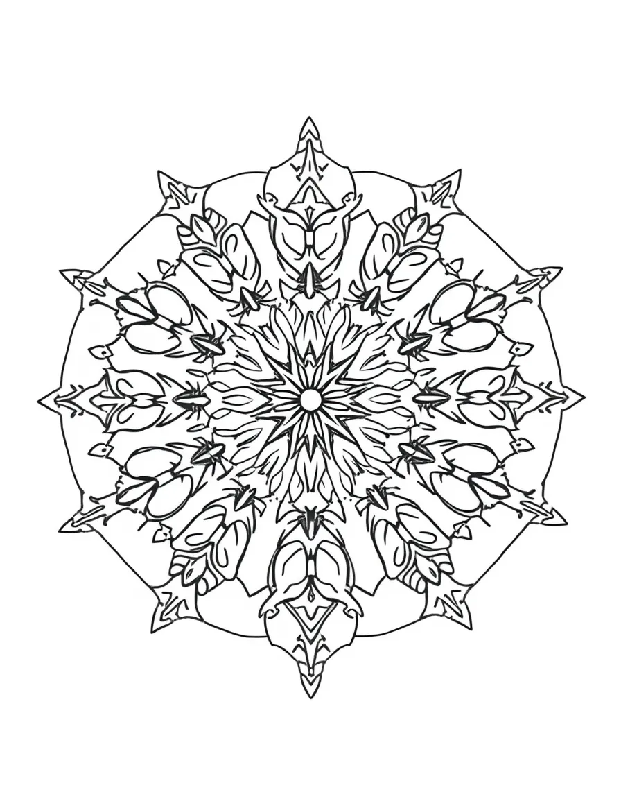 Winter mandala with symmetric snowflake crystal geometry