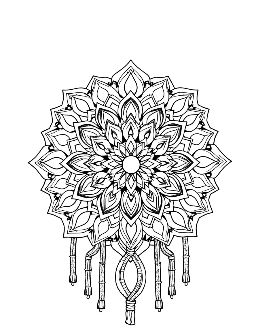 Macramé mandala with knotted geometric pattern symmetry