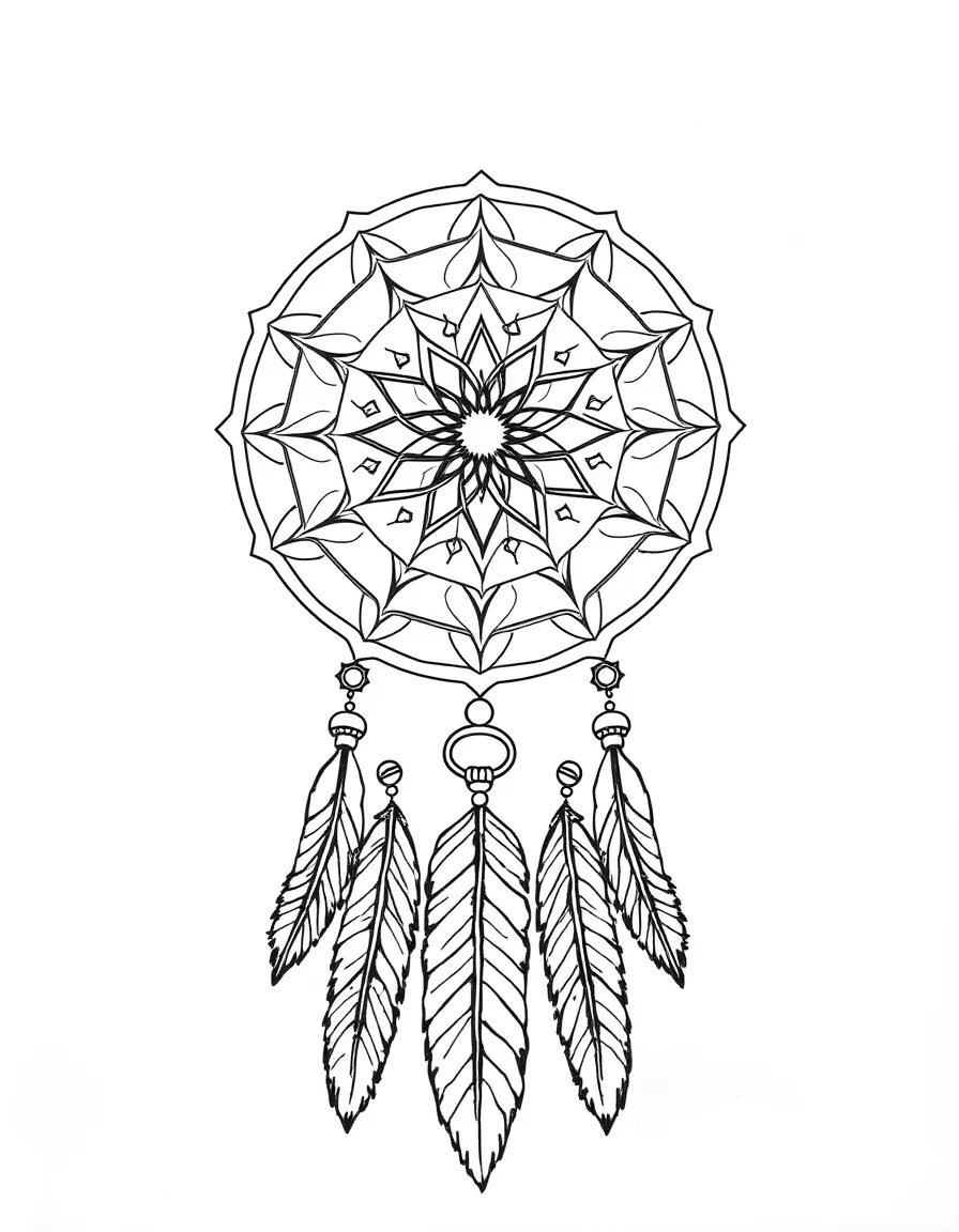 Dreamcatcher mandala with geometric web patterns and feather elements