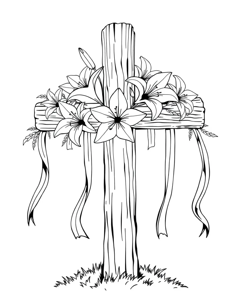 Wooden cross adorned with Easter lilies and flowing ribbons