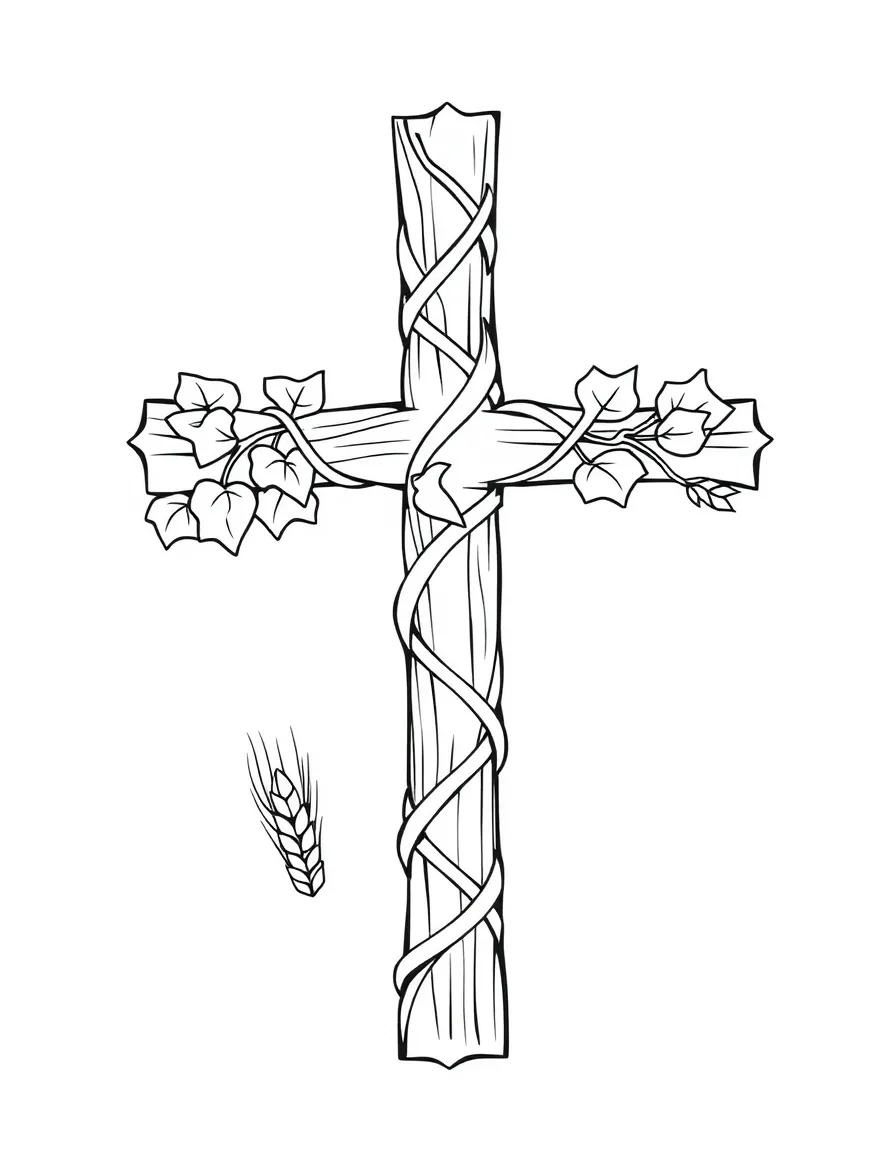 Cross made of intertwined grape vines and wheat stalks symbolizing communion