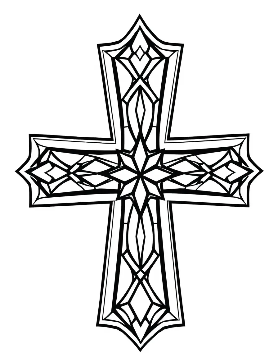 Stained glass style cross with geometric patterns in multiple sections