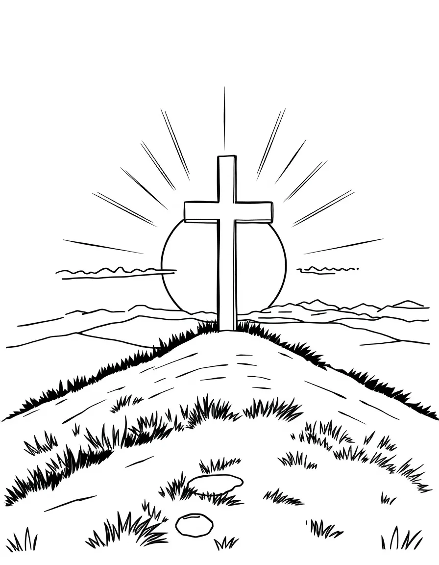Cross on a hill at sunset with rays of light emanating outward