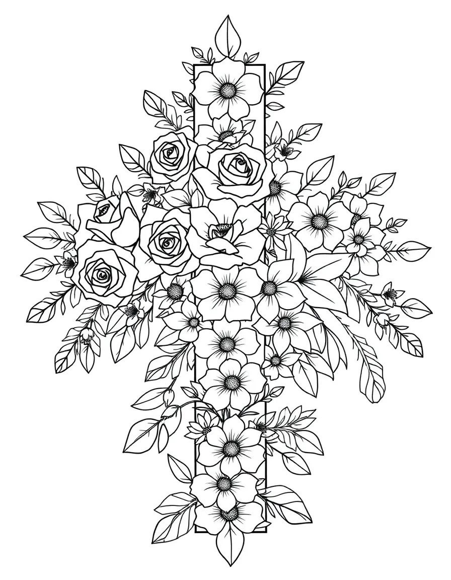 Floral cross with roses, lilies, and daisies woven throughout