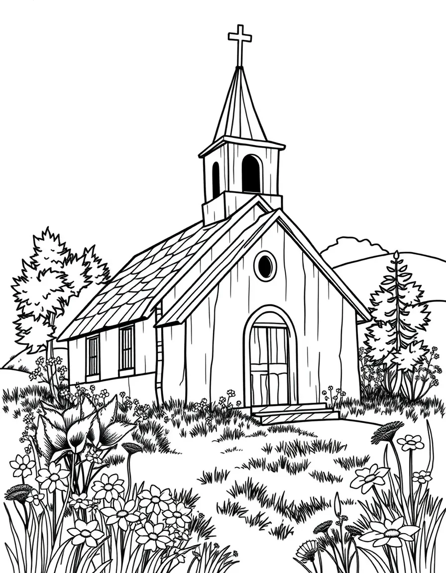 Rustic country church with bell tower and surrounding wildflowers