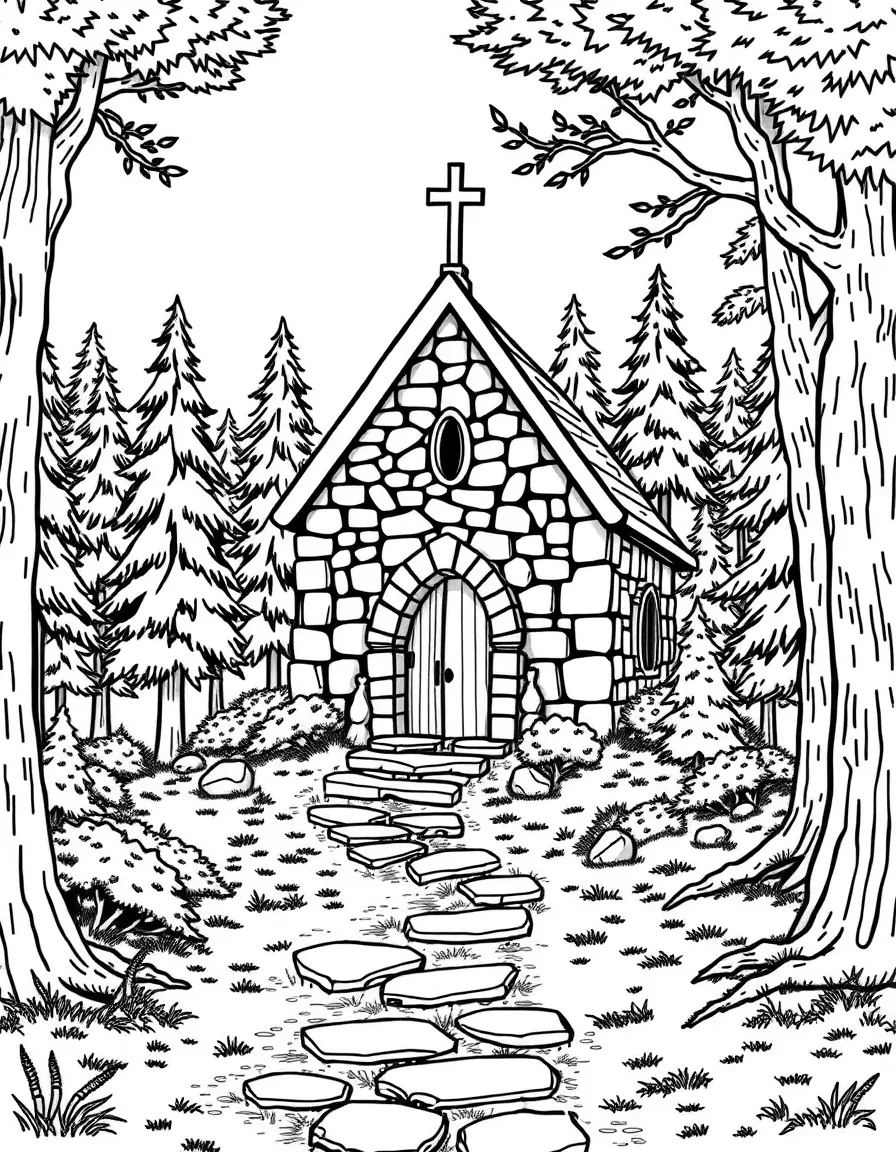 Stone chapel nestled in a forest clearing with path leading to entrance