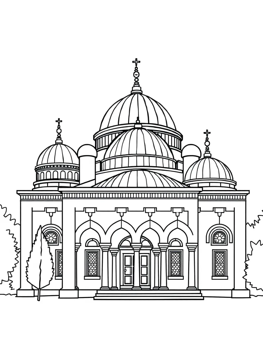 Byzantine church with characteristic domes and arches