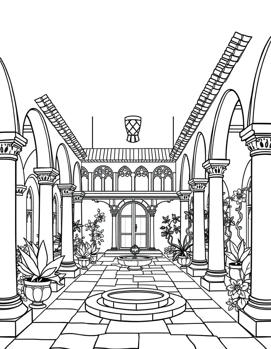 Medieval monastery courtyard with decorative columns and garden elements