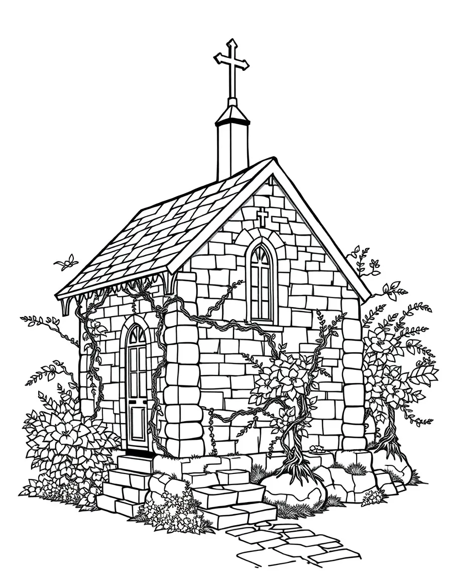 Small village church with detailed stonework and ivy climbing the walls