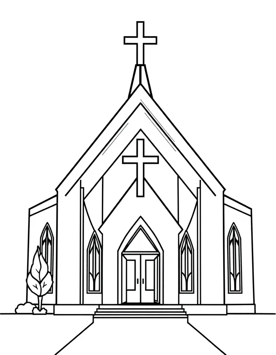 Modern church with geometric architectural elements and cross feature