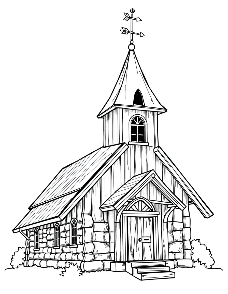 Wooden church with detailed bell tower and weathervane