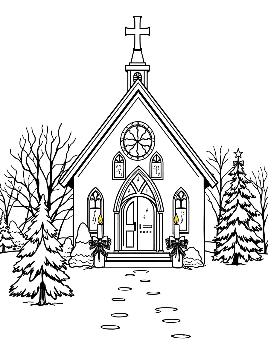 Christmas Eve church scene with candles in windows and snow-covered grounds