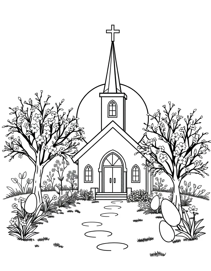 Easter morning church with flowering trees and sunrise elements