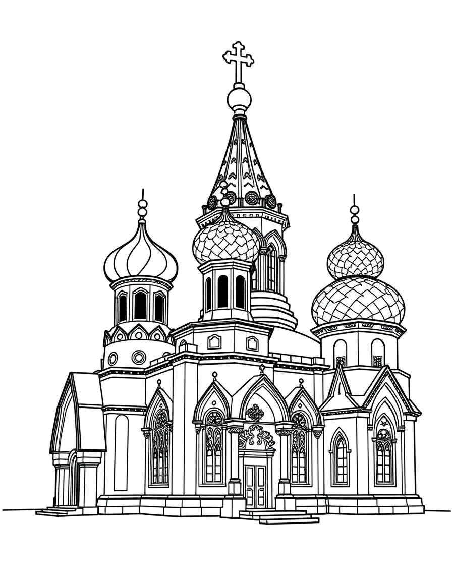 Orthodox church with characteristic onion domes and decorative facades