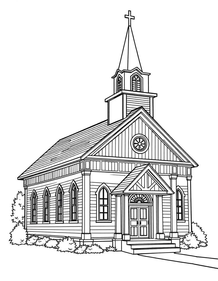 Colonial American church with white steeple and detailed woodwork